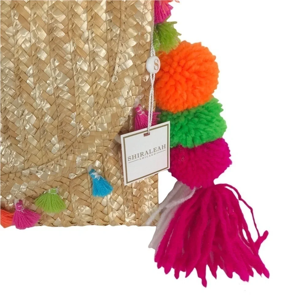 SHIRALEAH Woven Rainbow Tassel & Pompom Envelope Purse Bag YOLO Clutch Natural